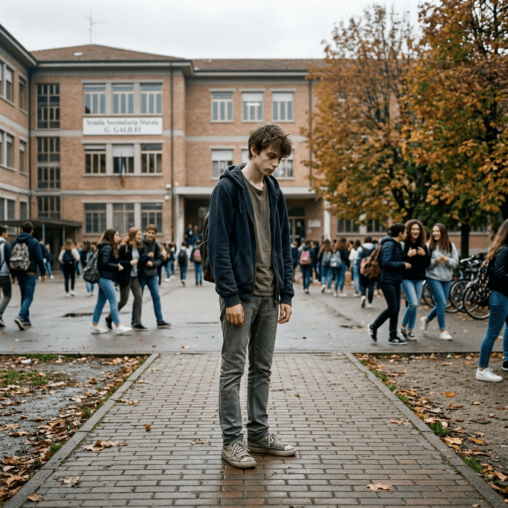 Teenage boy standing alone looking down in a school courtyard while other students walk and talk around him