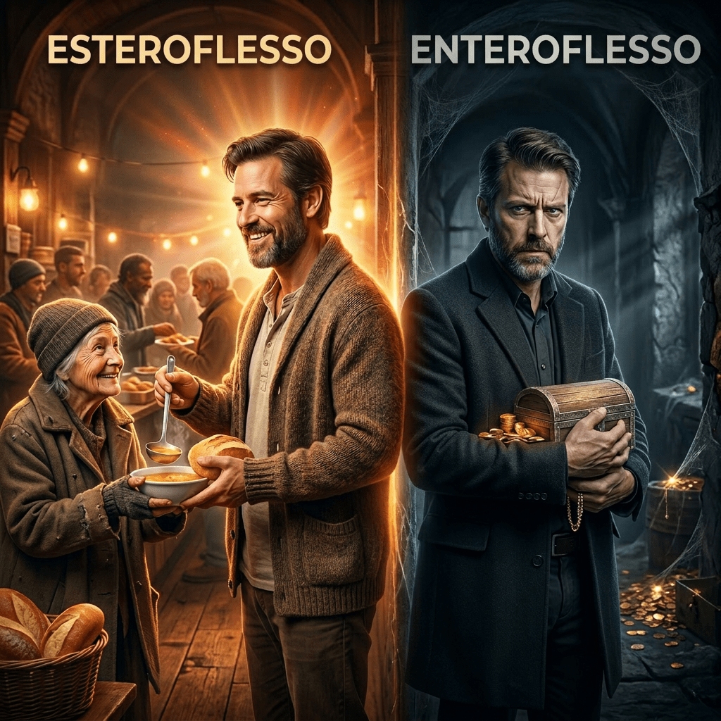 Side-by-side of man giving food generously at community kitchen and man clutching gold coins selfishly