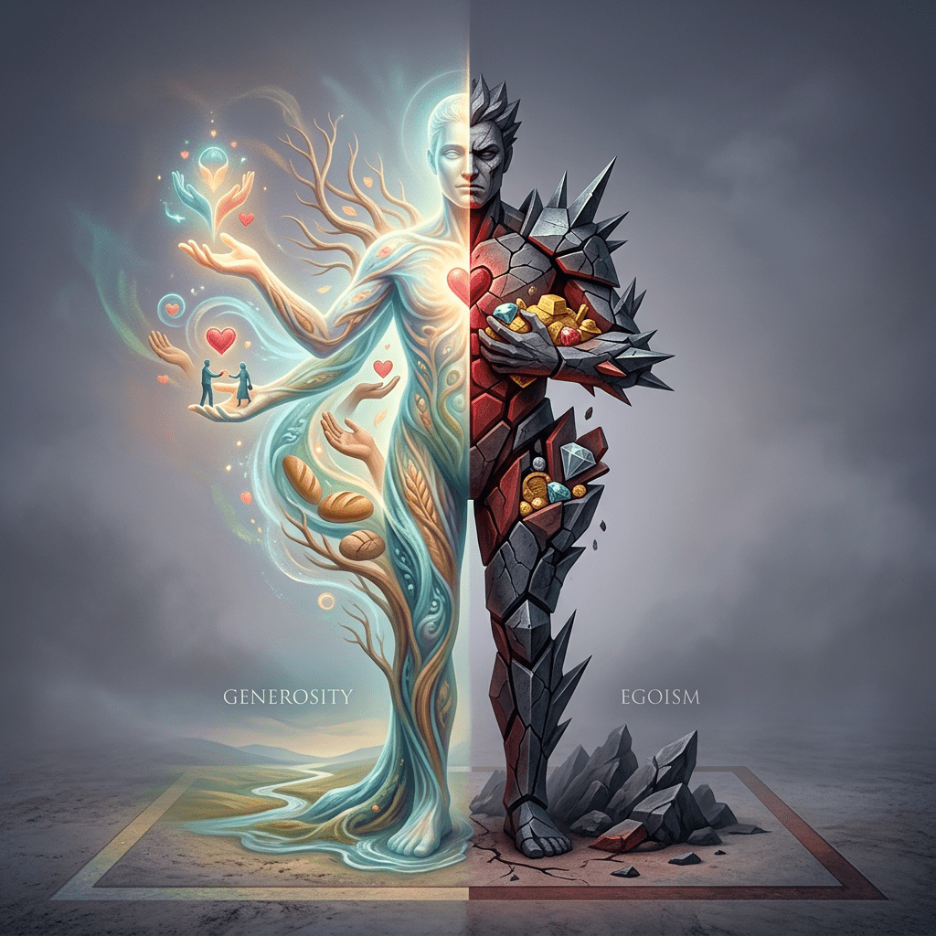 Two humanoid figures side by side representing generosity and egoism, one bright and nurturing, the other dark and armored with treasure.
