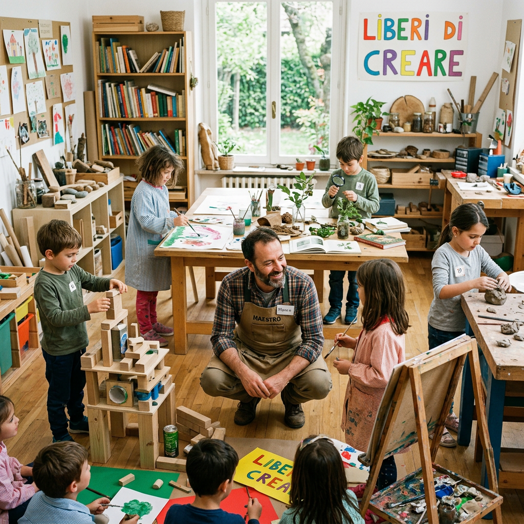 Children engaged in painting, building, and exploring nature during art class with teacher